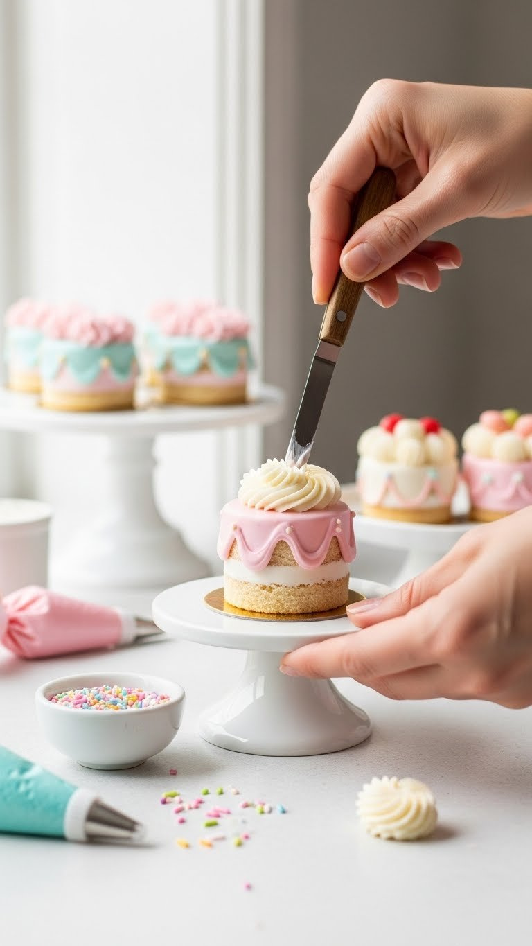 Hands Delicately Frosting A Tiny Mini Cake With Pastel-Colored Icing Using Miniature Offset Spatula On Rotating Cake Stand With Soft Focus.