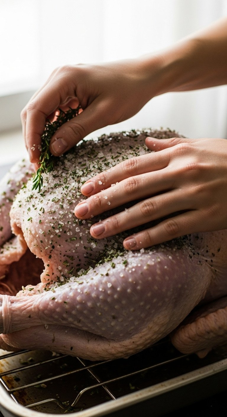 Hands Dry-Brining Raw Turkey With Coarse Salt And Herb Mixture In A Roasting Pan, Emphasizing Seasoning Texture For Holiday Cooking.