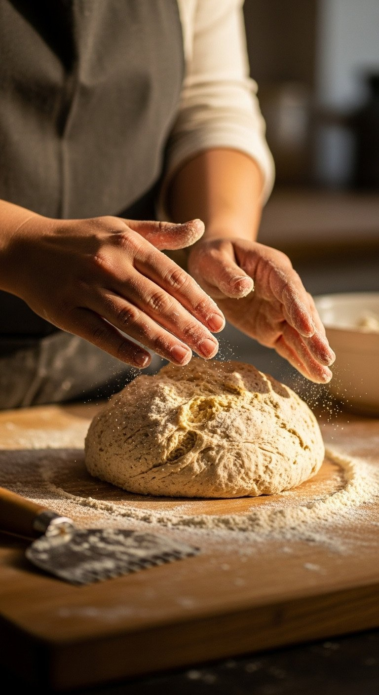 Hands Dusting Flour On Rustic Wooden Surface, Shaping Shaggy Soda Bread Dough. Bench Scraper Nearby, Warm Golden Hour Light.