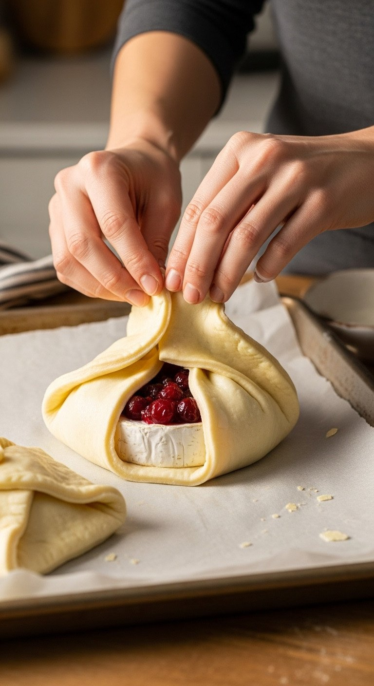 Hands Expertly Folding Puff Pastry Over Brie And Cranberry Sauce, Sealing It For A Delicious Baked En Croûte Recipe.