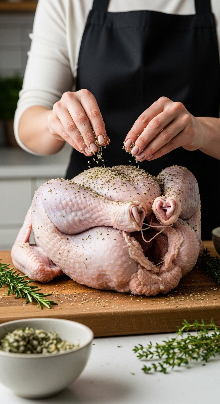 Hands Generously Season A Whole Raw Turkey With A Coarse Salt And Herb Dry Brine On A Wooden Cutting Board For A Recipe.