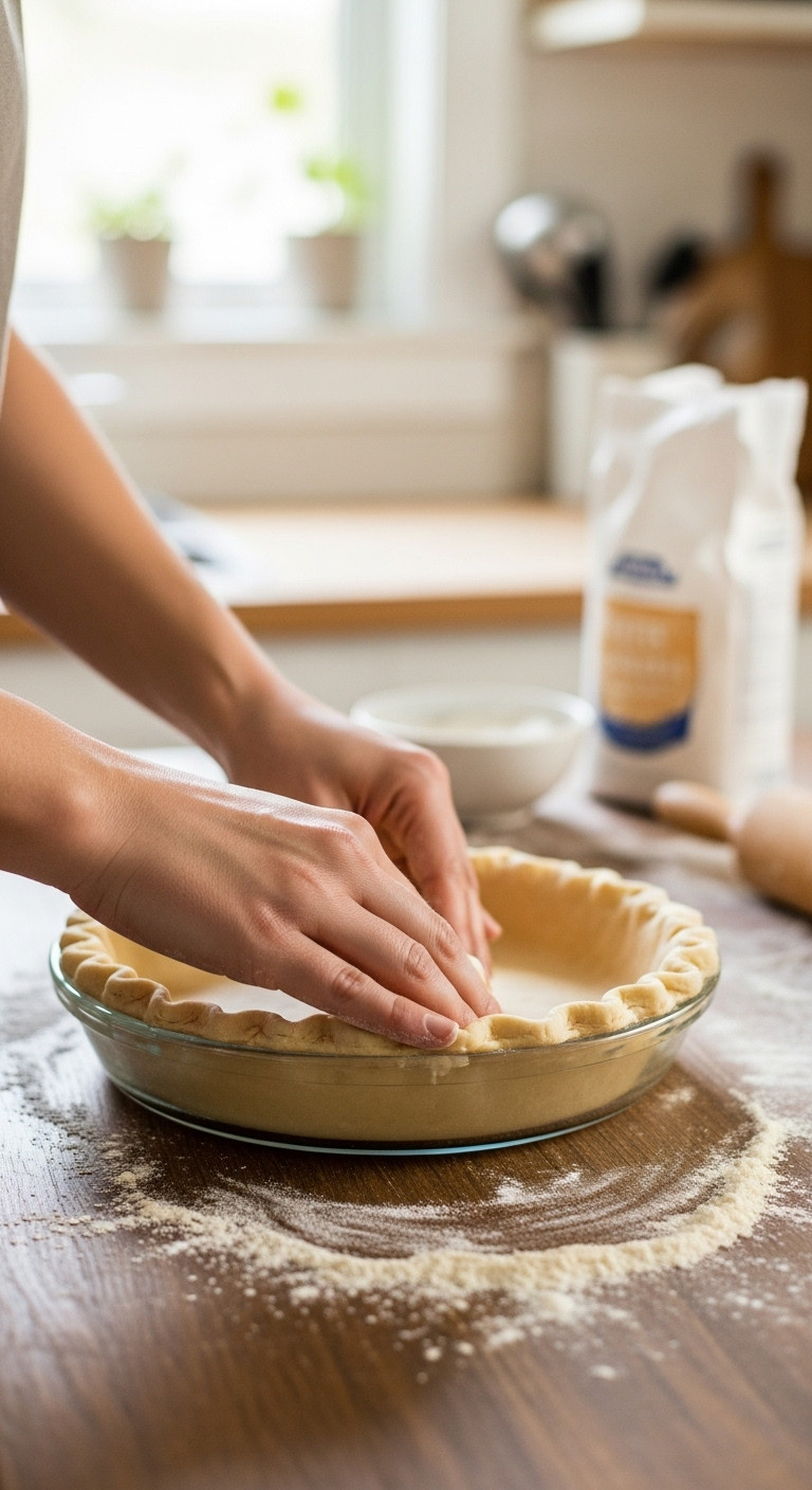 Hands Gently Crimping Flaky Unbaked Pie Crust Into A 9-Inch Glass Pie Plate On A Rustic Wooden Table With Flour, Preparing For Baking.