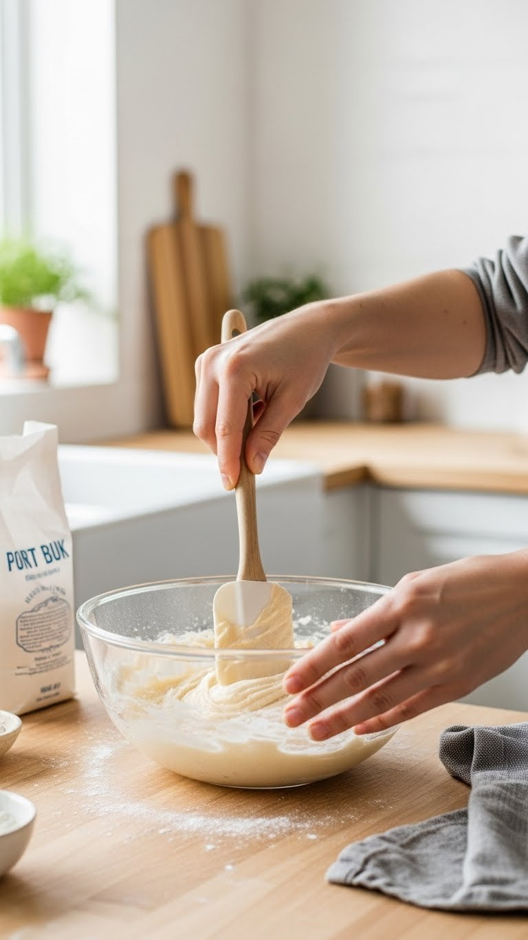 Hands Gently Folding Batter With Silicone Spatula In Glass Bowl Demonstrating Proper Mixing Technique