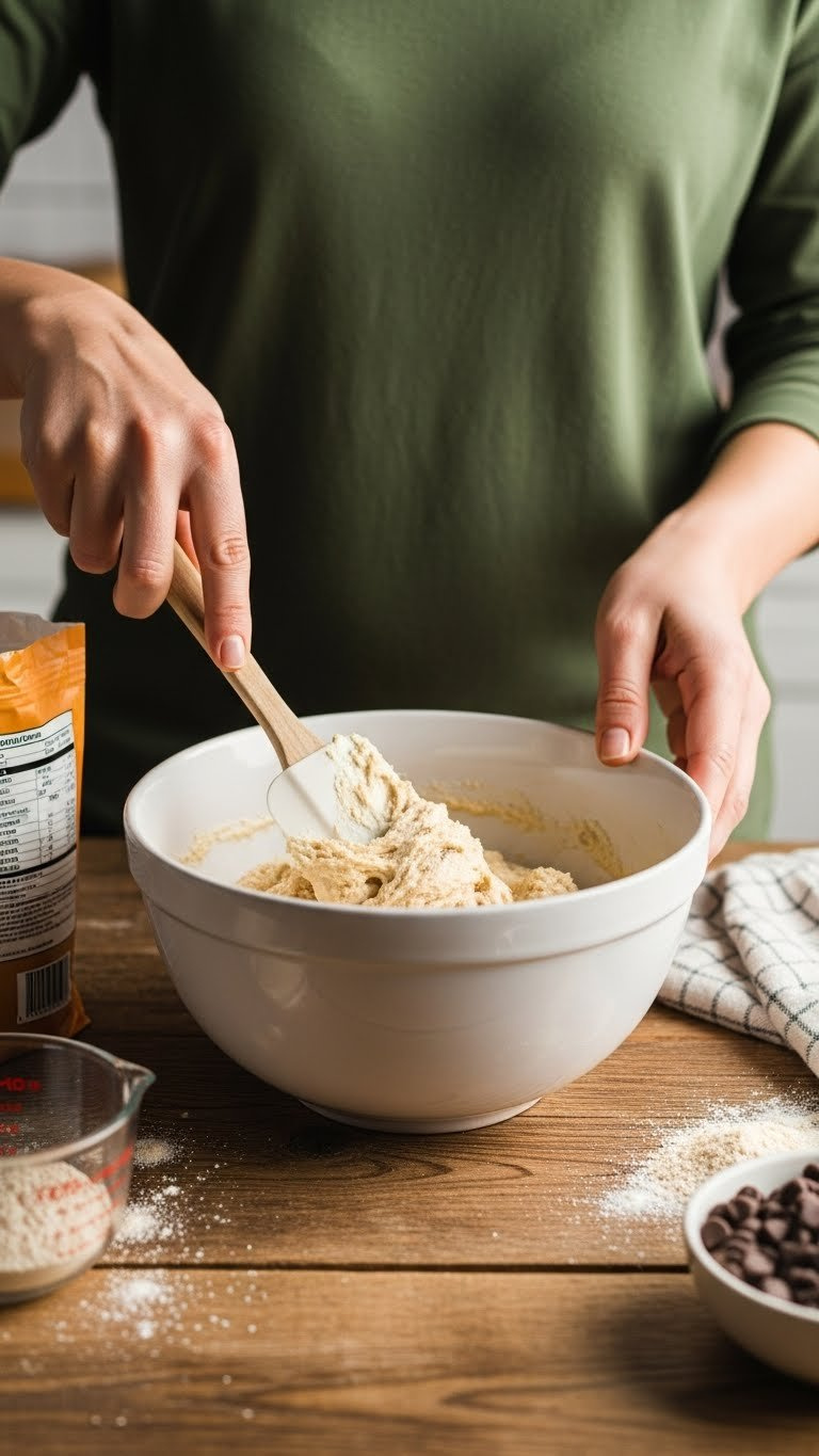 Hands Gently Folding Dry Ingredients Into Keto Batter Using Silicone Spatula With Chocolate Chips Visible