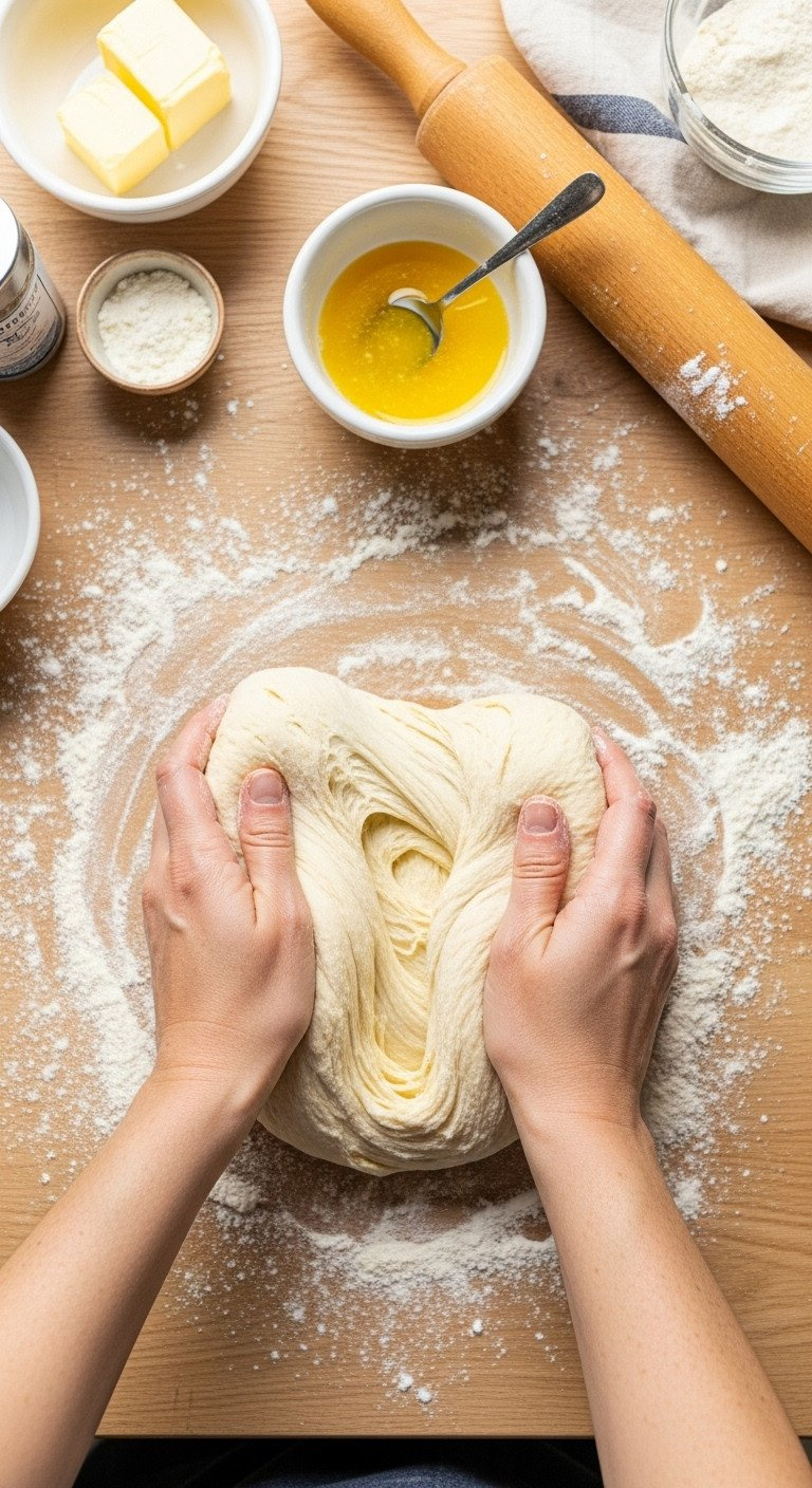 Hands Gently Kneading Pale Yellow Enriched Yeast Dough On A Floured Rustic Wooden Countertop In Bright Daylight.