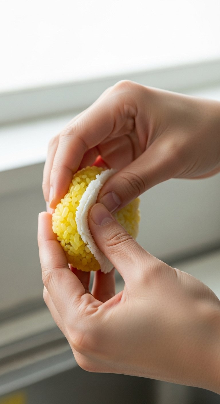Hands Gently Seal The Edges Of A Stuffed Saffron Rice Ball Into A Perfect Smooth Shape.