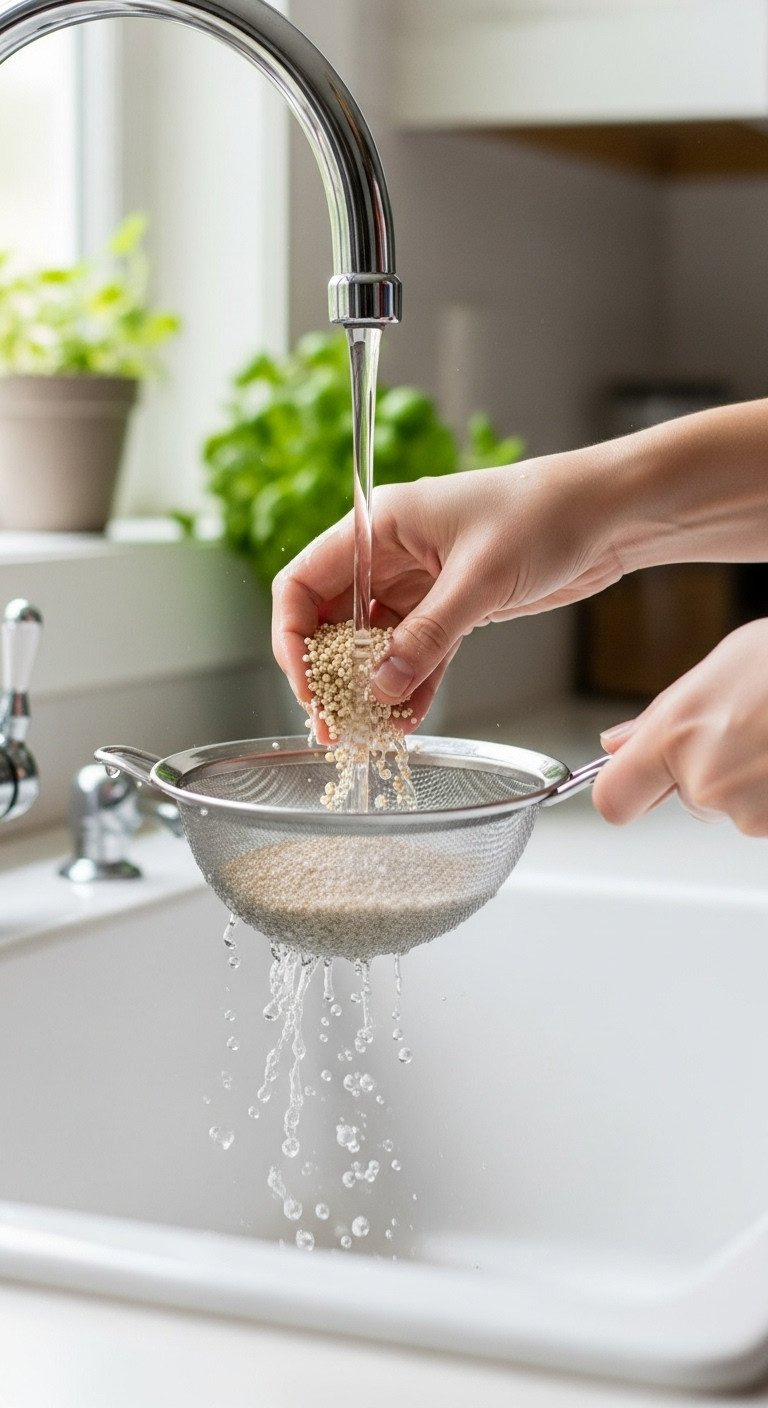 Hands Hold A Stainless Steel Strainer, Rinsing White Quinoa Grains Under Running Water In A Bright, Clean Kitchen Sink.