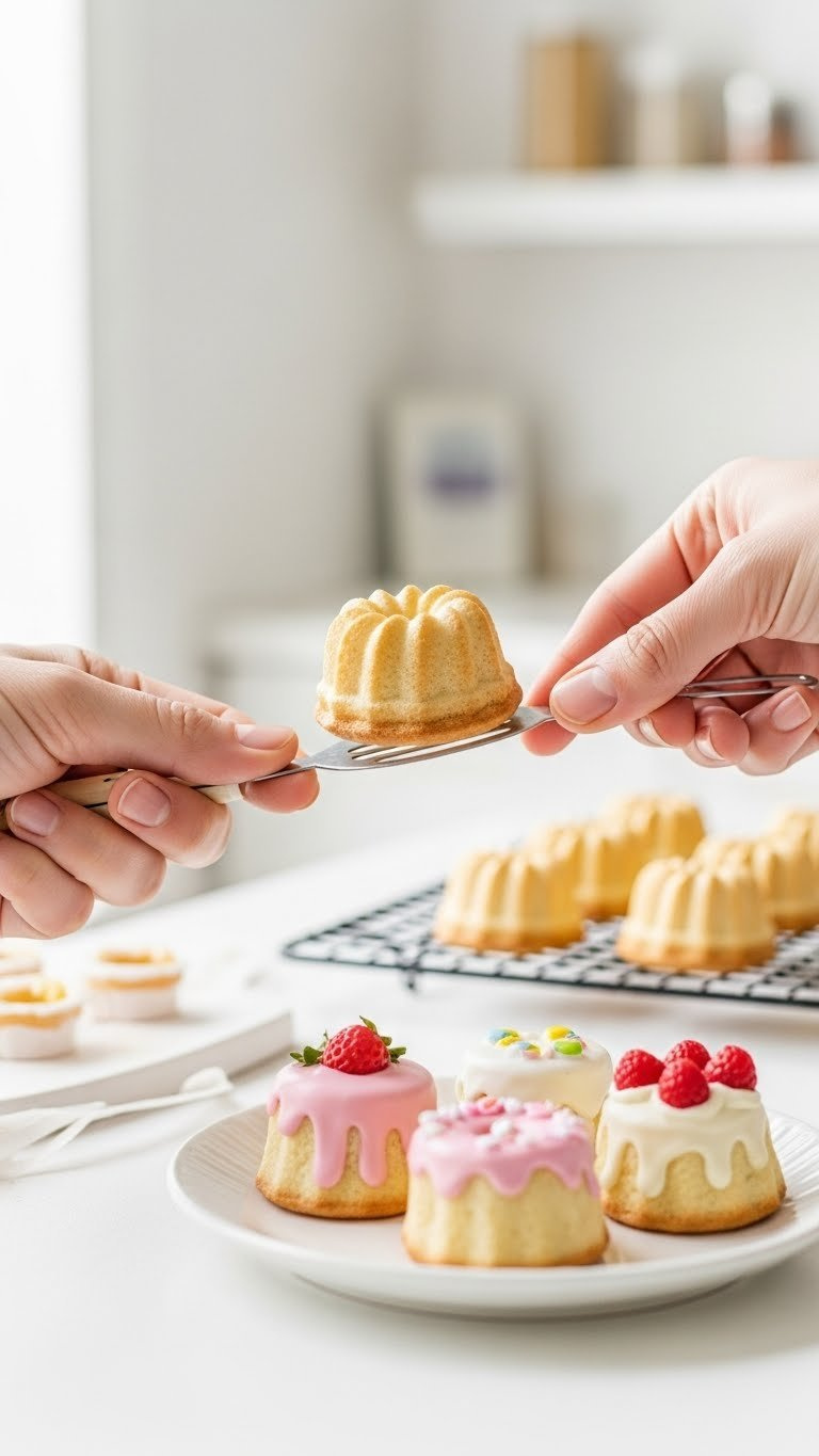 Hands Holding A Perfectly Formed Tiny Bento Cake On Miniature Cake Lifter After Release From Baking Pan Against Clean White Background.