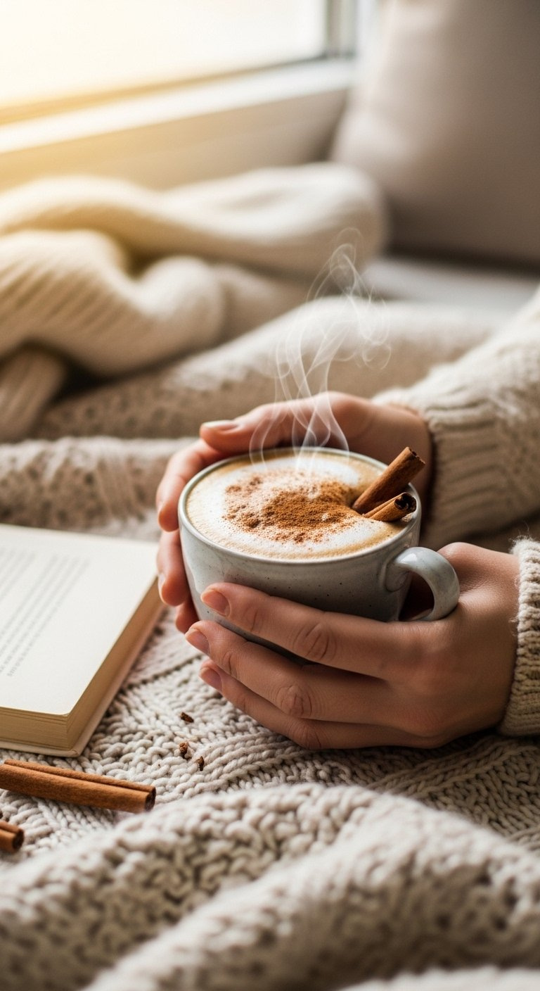 Hands Holding A Warm Cinnamon Brown Sugar Latte Mug With Steam Rising On A Cozy Knitted Blanket.