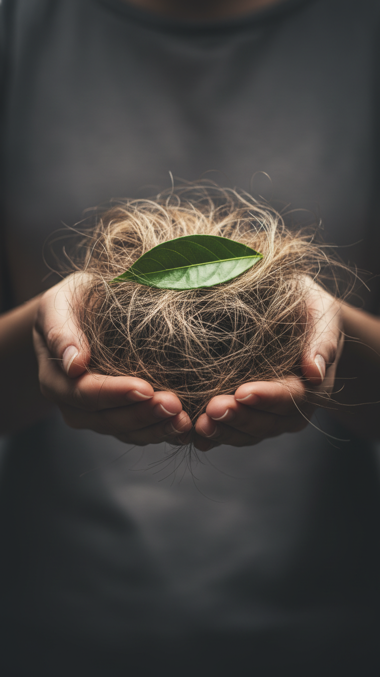 Hands Holding Dry Damaged Hair With Green Leaf Symbolizing Need For Gentle Restorative Hair Care Against Dark Background
