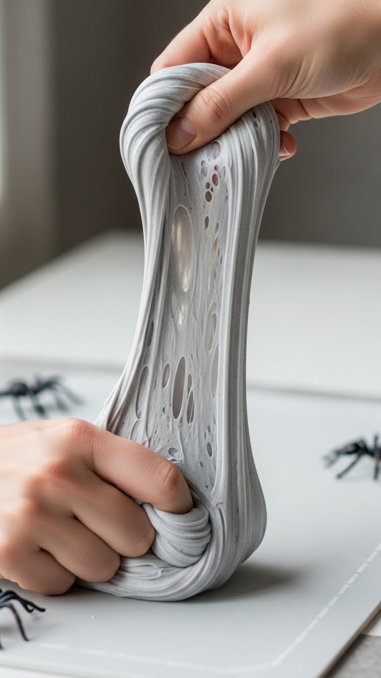 Hands Kneading Gray Spider Web Slime To Create Stretchy, Web-Like Patterns And Textures