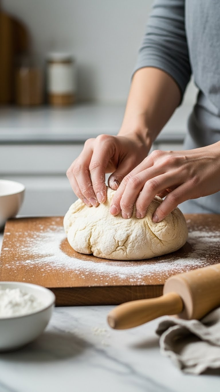 Hands Kneading Smooth Baking Soda Dough On Dusted Wooden Board With Rolling Pin And Cornstarch Bowl Nearby