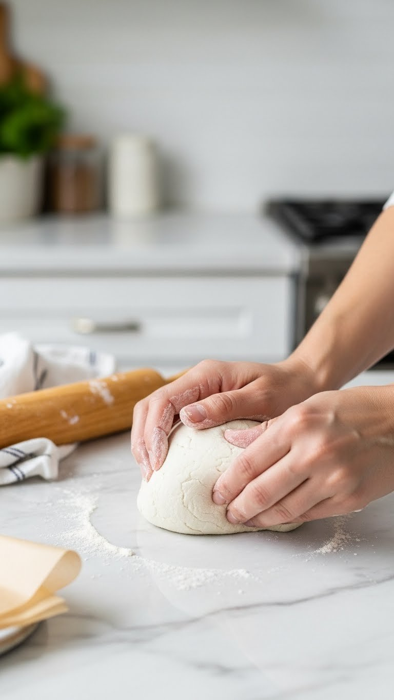 Hands Kneading Smooth White Baking Soda Clay Dough On A Marble Countertop With Rolling Pin Nearby
