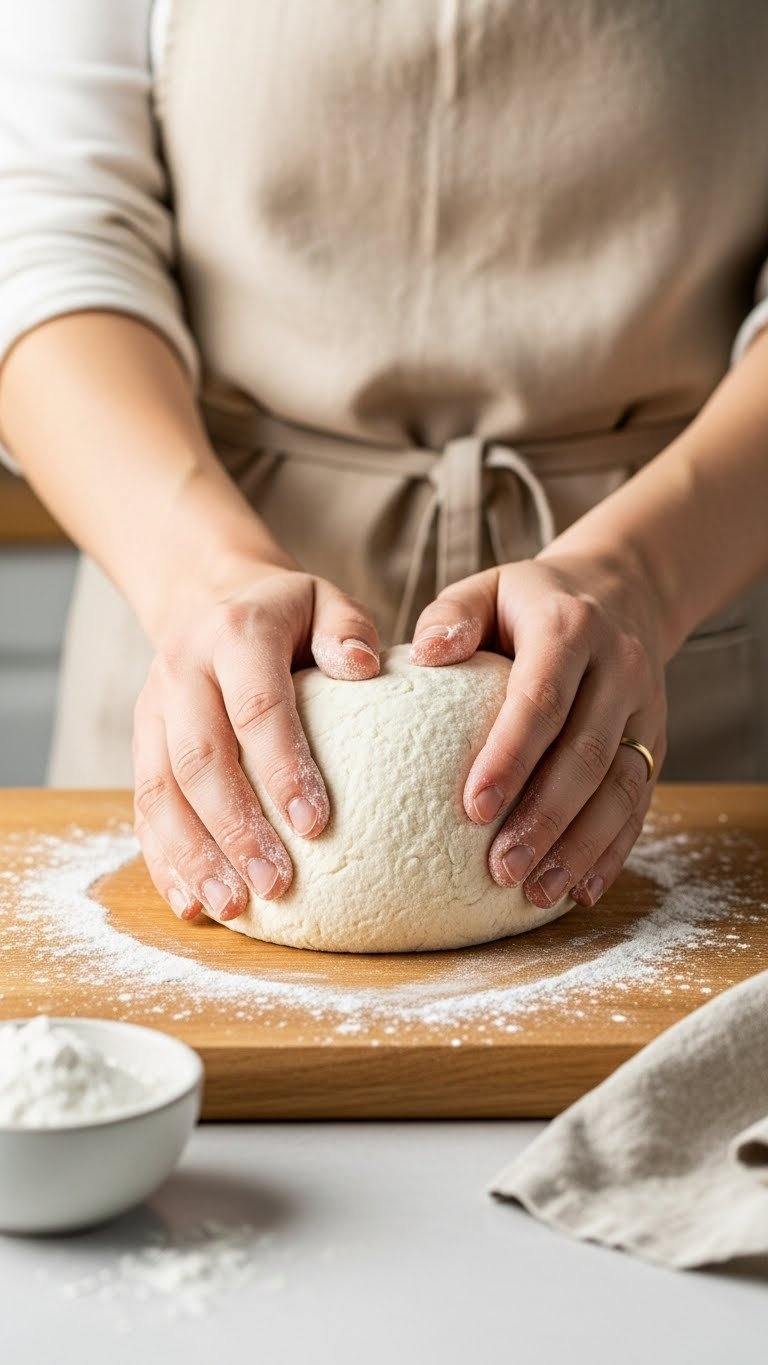 Hands Kneading Smooth White Baking Soda Dough On Wooden Cutting Board With Soft Natural Window Light And Cornstarch Dusting