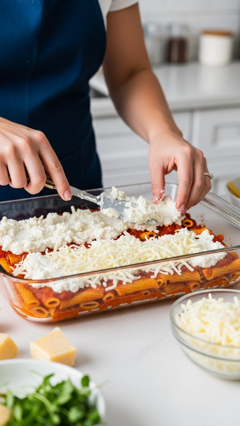 Hands Layering Ricotta Cheese And Sauced Ziti Pasta In Clear Glass Baking Dish For Baked Ziti Preparation With Mozzarella Topping.
