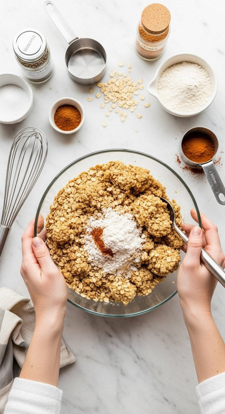 Hands Mixing Crisp Oat Crumble Topping: Rolled Oats, Brown Sugar, Melted Butter, Flour, Spices In A Bowl On Marble.