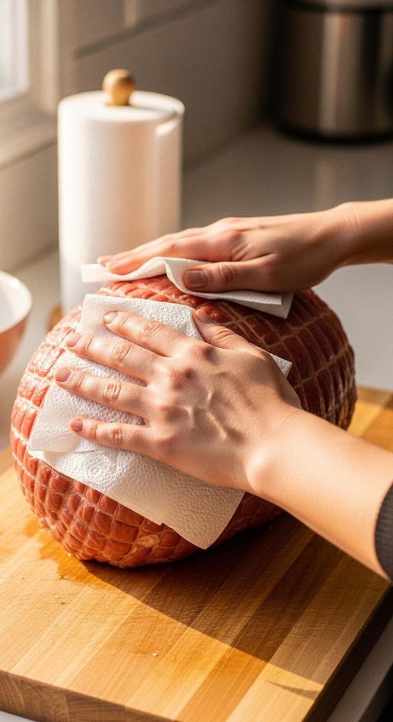 Hands Patting Dry A Large Spiral Ham With Paper Towels On A Cutting Board, Emphasizing Ham Texture, Warm Golden Hour Light. Kitchen Prep.
