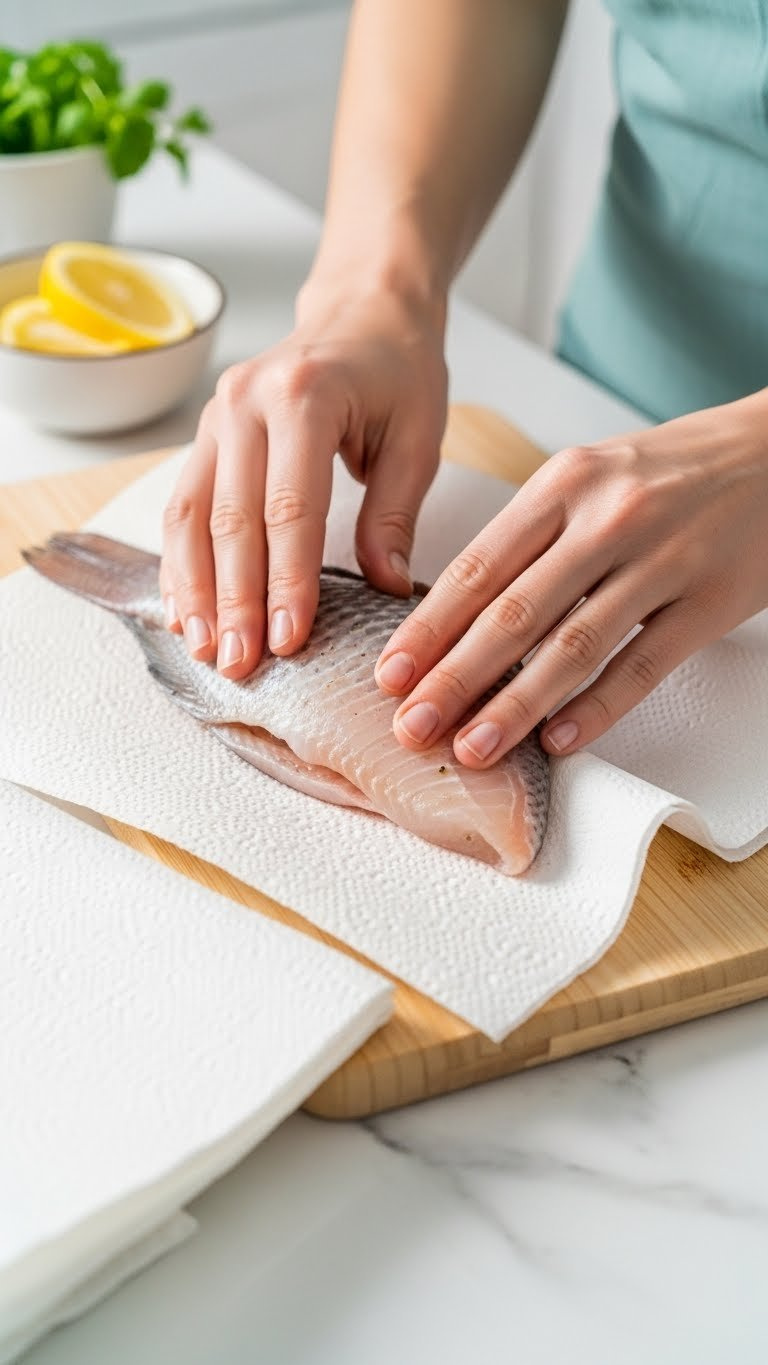 Hands Patting Dry Raw Tilapia Fillets On Wooden Cutting Board With Lemon Slices And Fresh Herbs Nearby