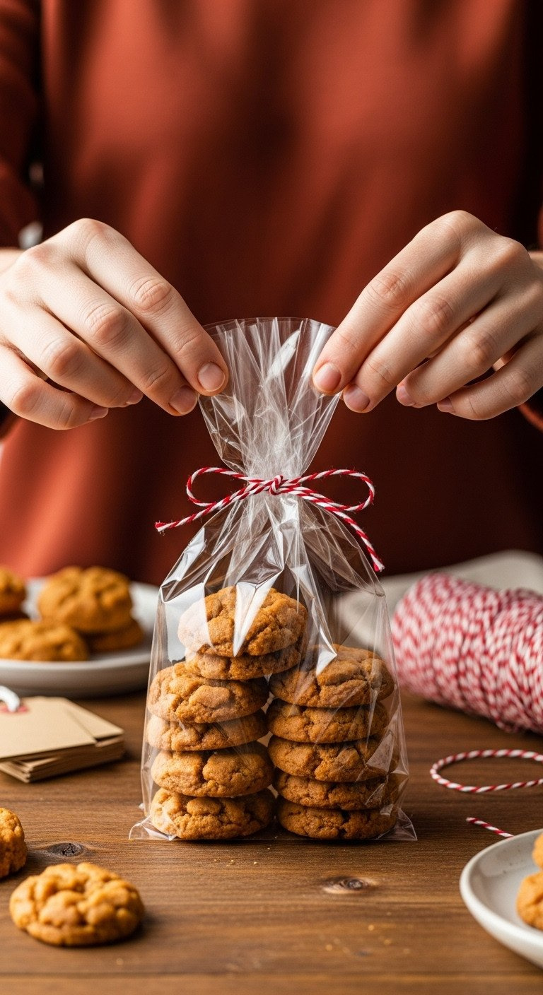Hands Placing Homemade Butterscotch Haystacks Into A Cellophane Bag Tied With Festive Red And White Baker's Twine As A Gift.