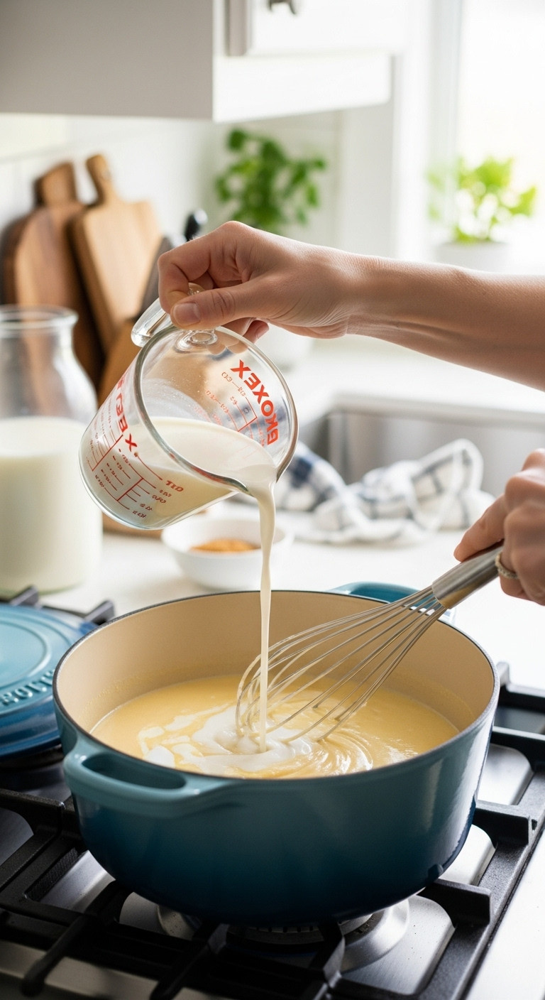 Hands Pouring Milk Into Roux, Whisking Creamy Béchamel Sauce In Dutch Oven On Stove. Homemade Mac And Cheese Recipe Step.