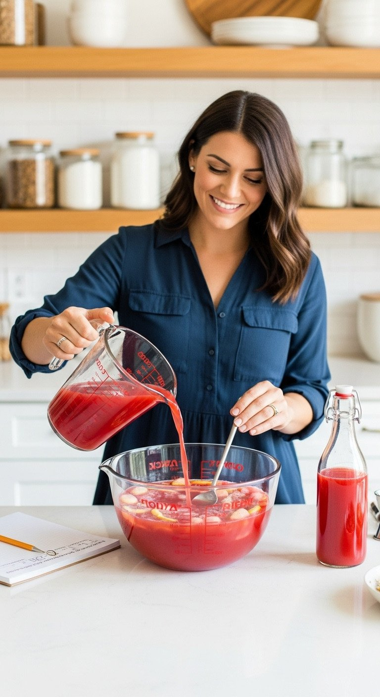 Hands Pouring Red Juice From Large Measuring Cup Into A Punch Bowl On A Clean Kitchen Counter For Party Prep.