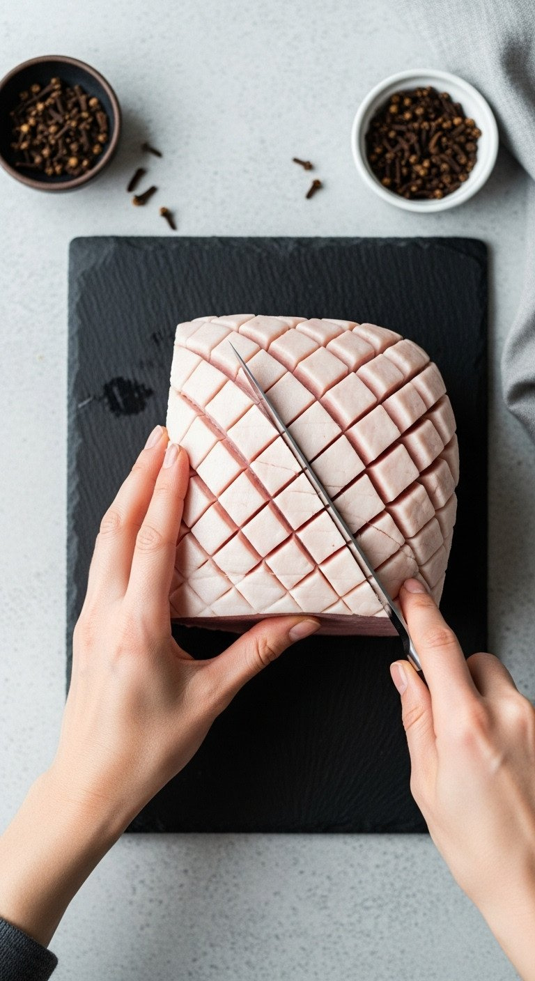 Hands Precisely Scoring A Diamond Pattern Into A Ham's White Fat Cap With A Sharp Knife On A Dark Slate Board, With Whole Cloves For Holiday Prep.