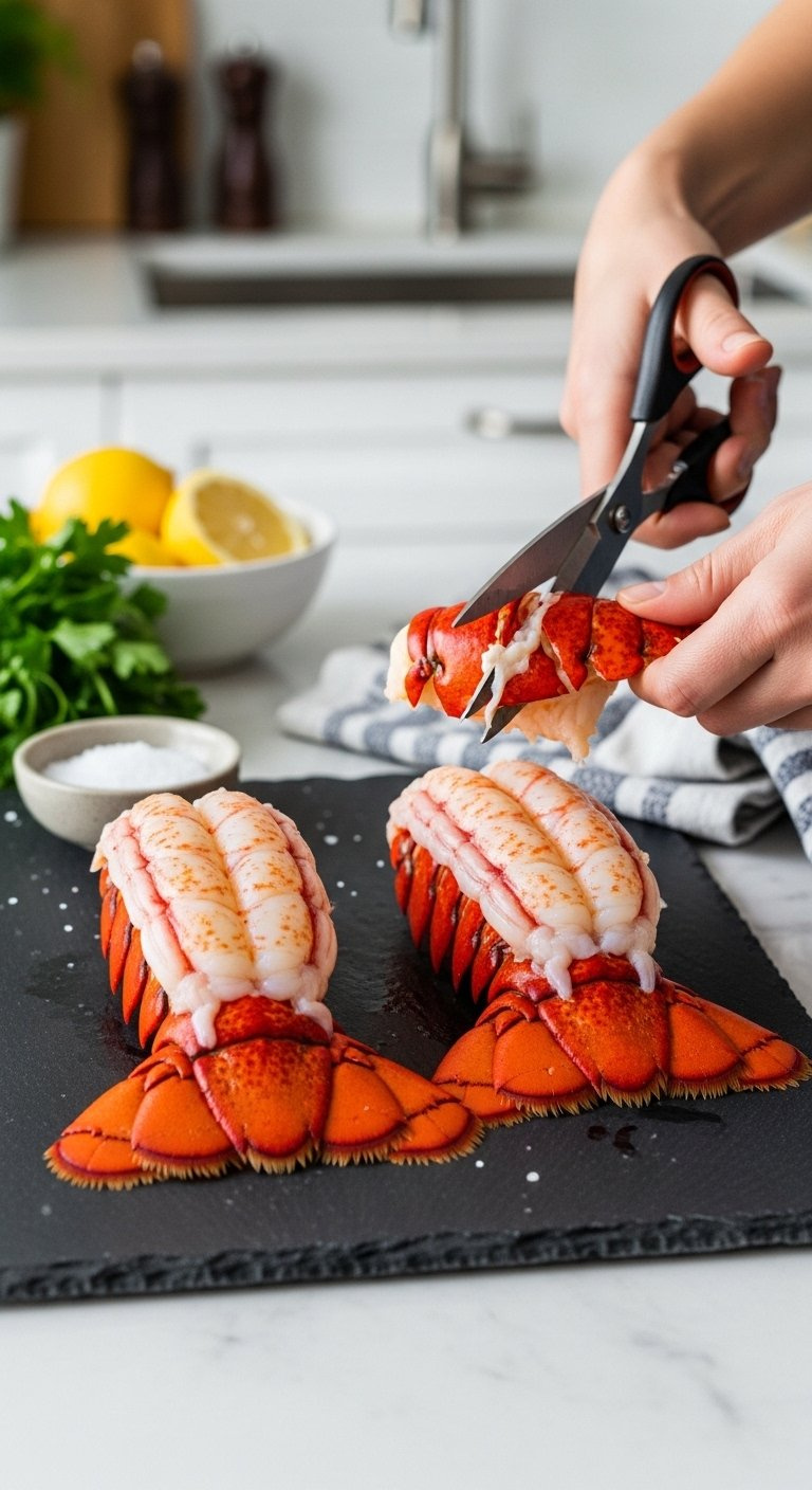 Hands Preparing Fresh Cold Water Lobster Tails On A Dark Slate Cutting Board With Kitchen Shears.