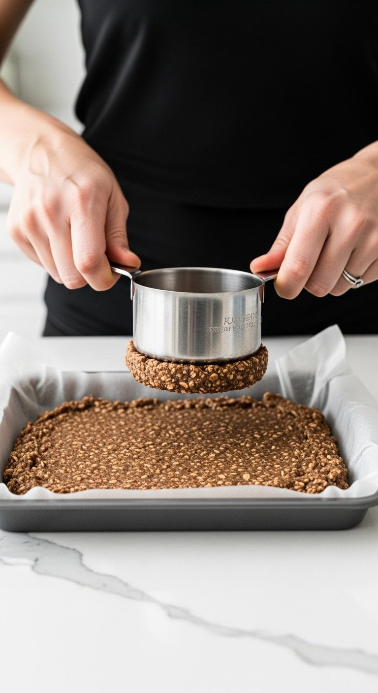 Hands Pressing Dark No-Bake Cookie Mixture Into A Parchment-Lined 8X8 Pan With A Metal Measuring Cup On A White Quartz Countertop.