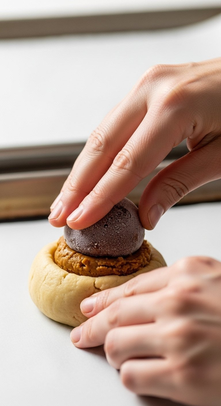 Hands Pressing Frozen Biscoff Cookie Butter Into A Ball Of Cookie Dough On A Baking Sheet.
