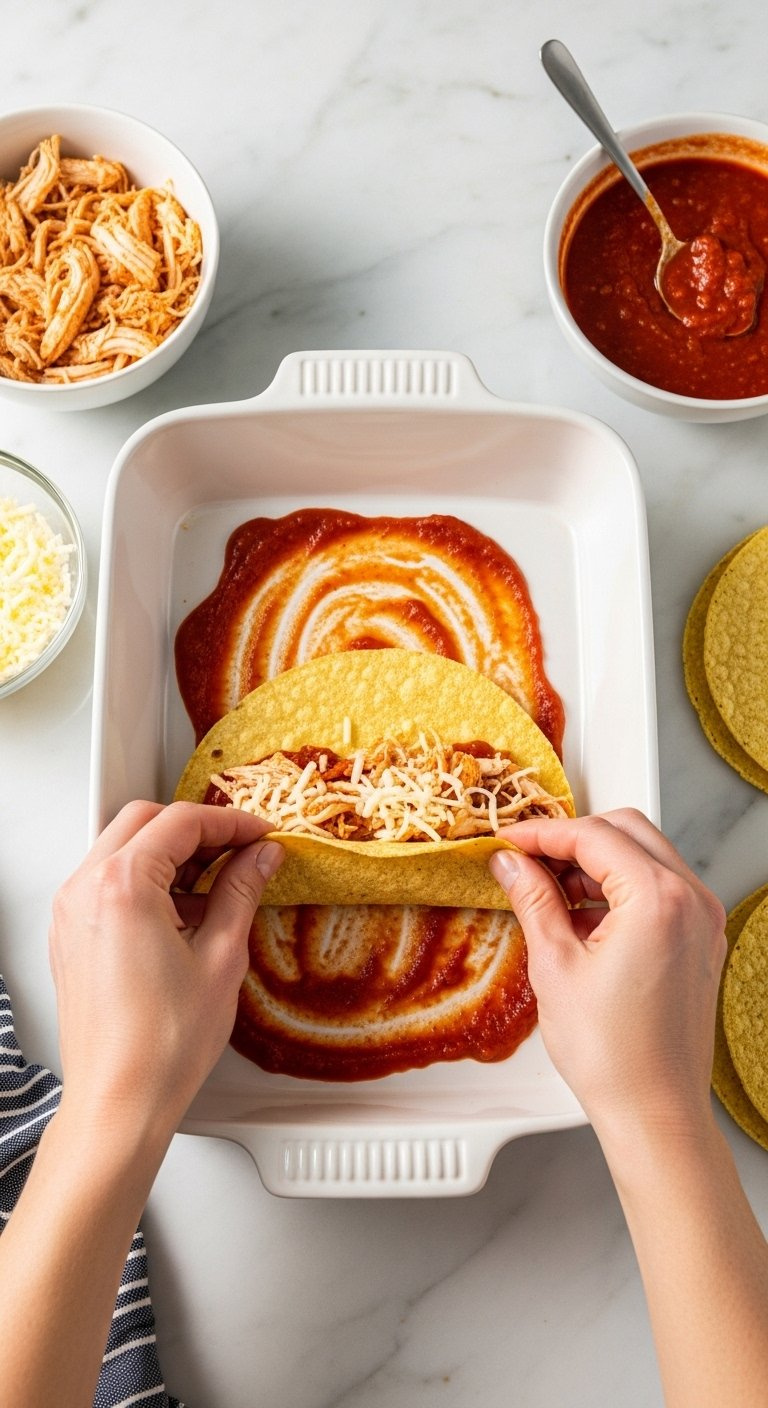Hands Rolling A Chicken-Filled Corn Tortilla Dipped In Red Sauce Inside A White Ceramic Baking Dish On A Marble Countertop.