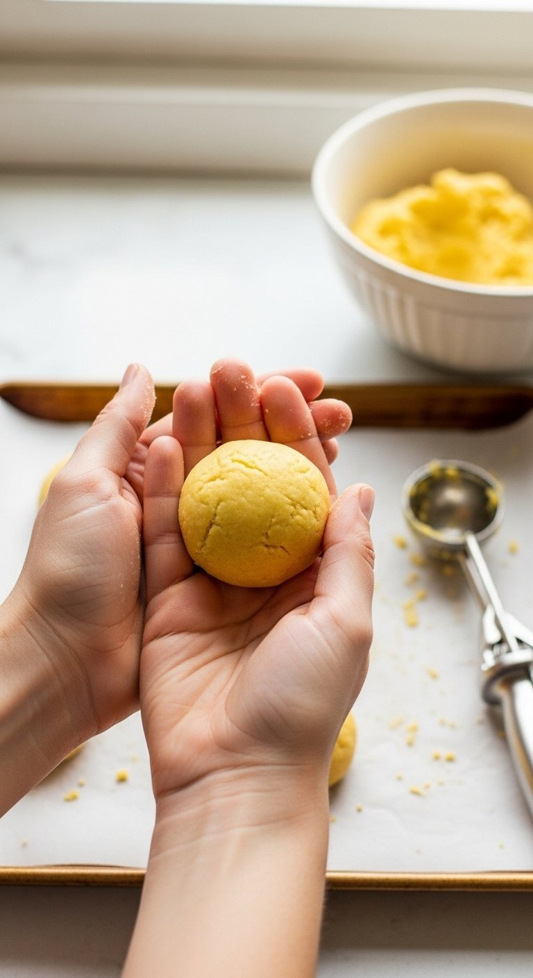 Hands Rolling A Chilled Bright Yellow Lemon Cookie Dough Ball On A Parchment-Lined Baking Sheet.
