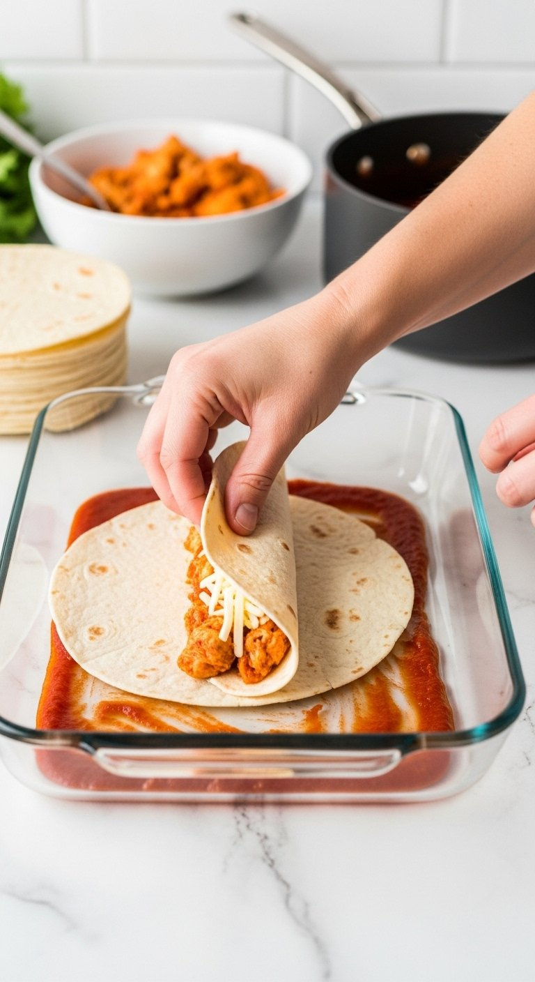 Hands Rolling A Corn Tortilla Filled With Chicken And Cheese Over A Glass Baking Dish.