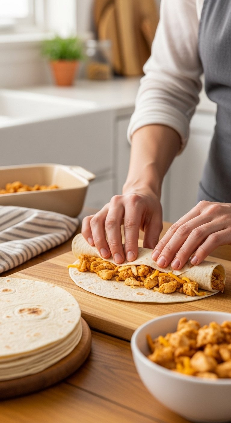 Hands Rolling A Flour Tortilla Filled With Chicken And Cheese Mixture On A Rustic Wooden Surface.
