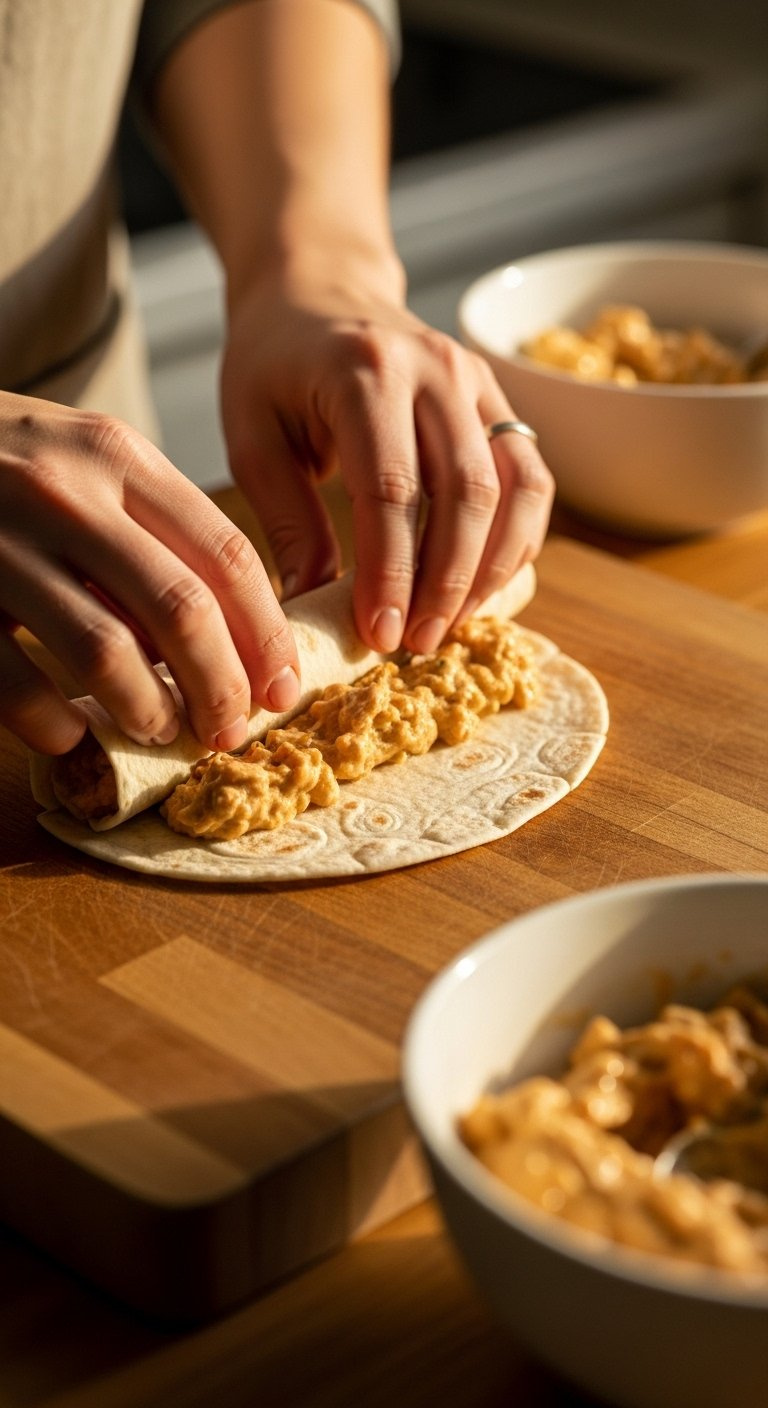Hands Rolling A Flour Tortilla Filled With Creamy Chicken Mixture On A Cutting Board.