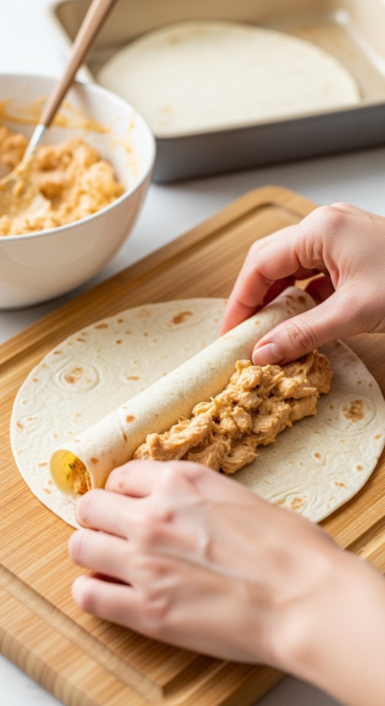 Hands Rolling A Warm Flour Tortilla Filled With Creamy Chicken Mixture On A Wooden Cutting Board.