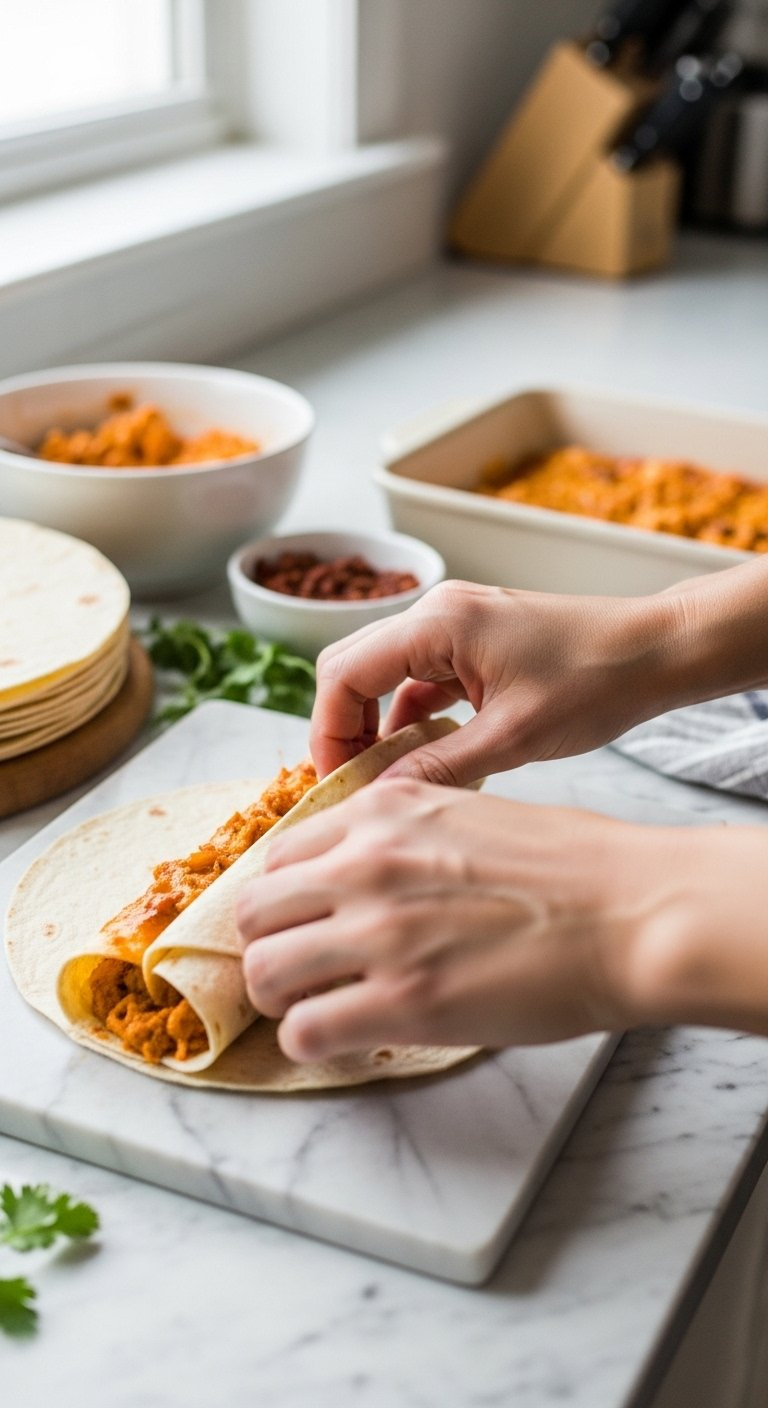 Hands Rolling Corn Tortillas Filled With Creamy Chicken Queso On A Marble Kitchen Counter.