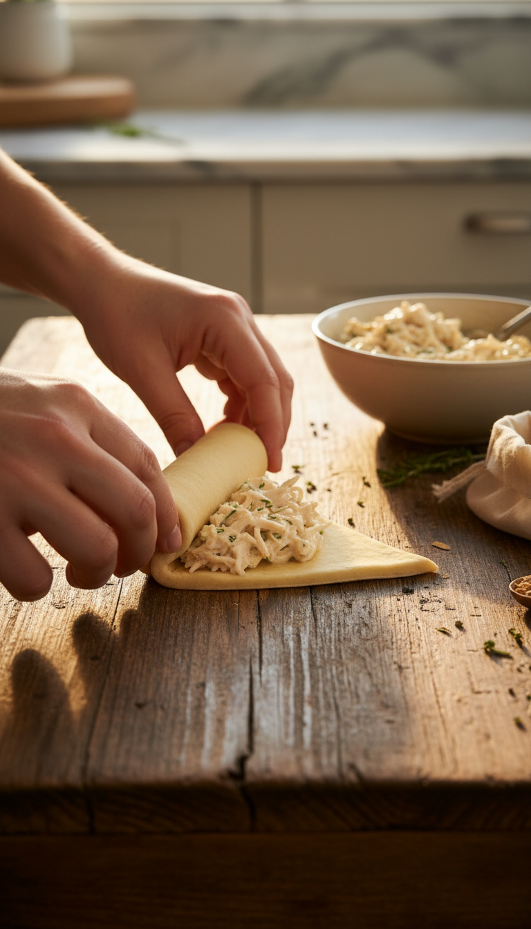 Hands Rolling Crescent Dough Triangle Filled With Creamy Chicken Mixture On Rustic Wooden Table.