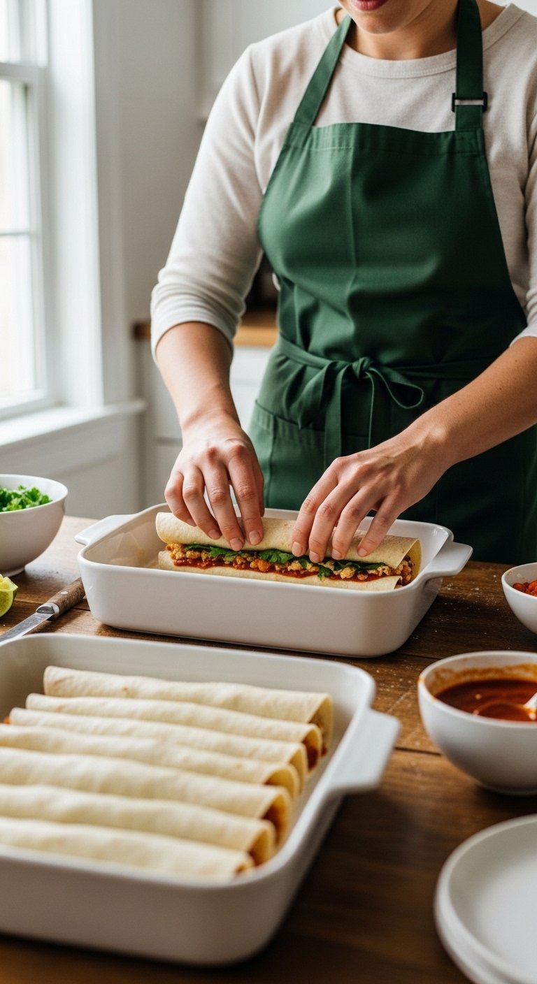 Hands Rolling Enchiladas And Placing Them Seam Side Down Into A White Ceramic Baking Dish On A Wooden Table.