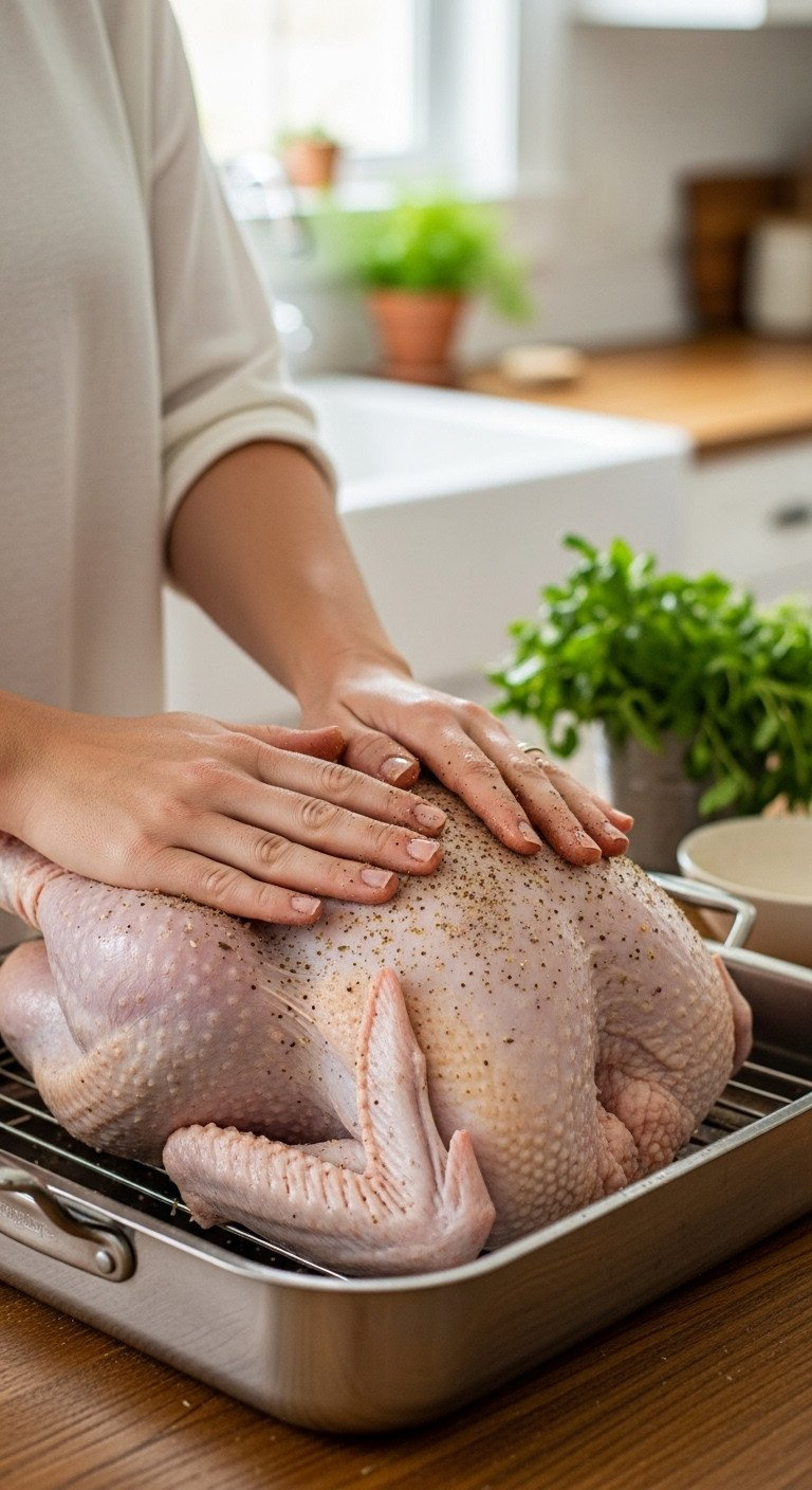 Hands Rubbing Coarse Seasoning Mixture Onto An Unwrapped Raw Turkey In A Roasting Pan On A Rustic Wooden Table, Meal Prep.