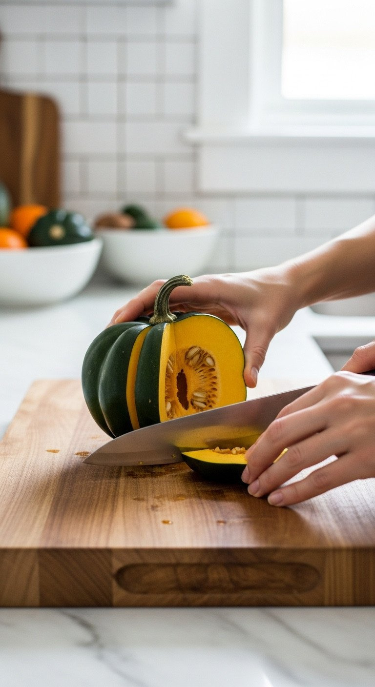 Hands Safely Hold A Large Chef's Knife To Slice A Fresh Acorn Squash In Half Lengthwise On A Wooden Cutting Board In A Kitchen.