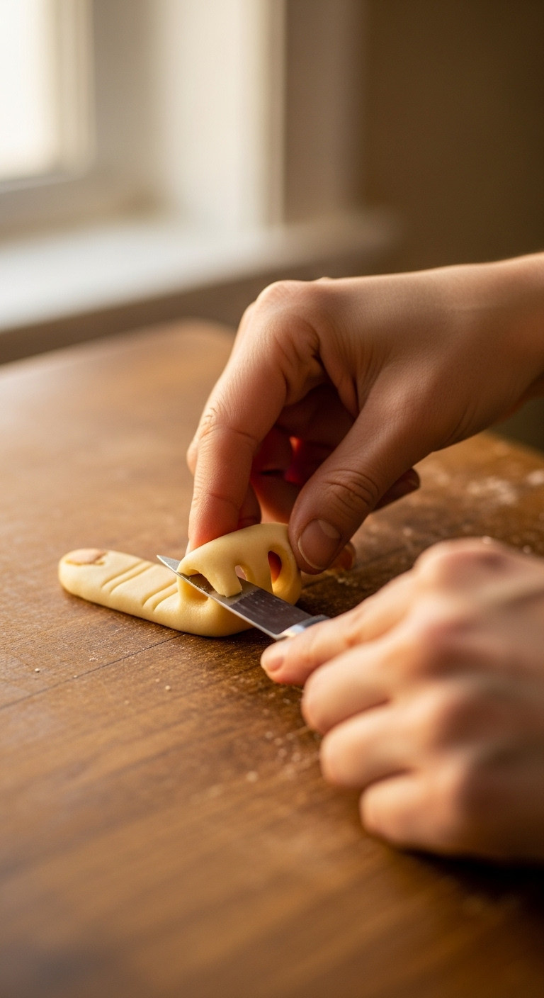 Hands Shaping Pale Cookie Dough Into A Witch Finger, Pressing Knuckle Details With A Knife On A Rustic Wooden Table.