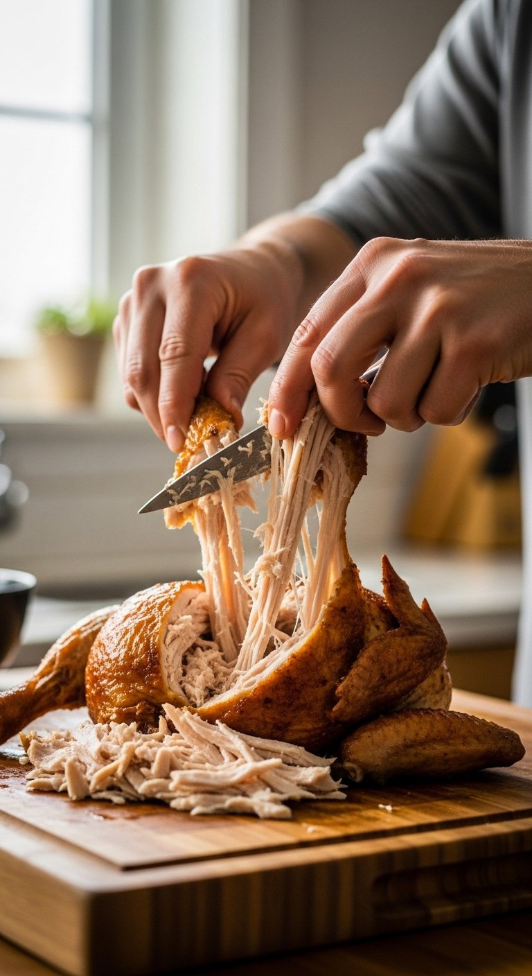 Hands Shredding Juicy Golden Rotisserie Chicken Meat On A Wooden Cutting Board With Natural Light.
