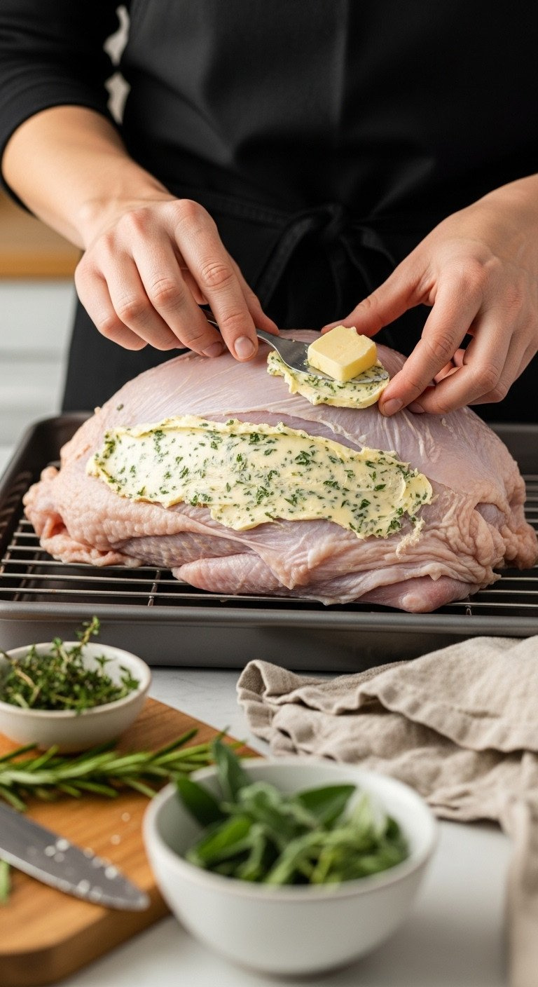 Hands Sliding Herbed Compound Butter, Infused With Thyme, Sage, Rosemary, Under Raw Turkey Skin On A Roasting Rack For Flavor.