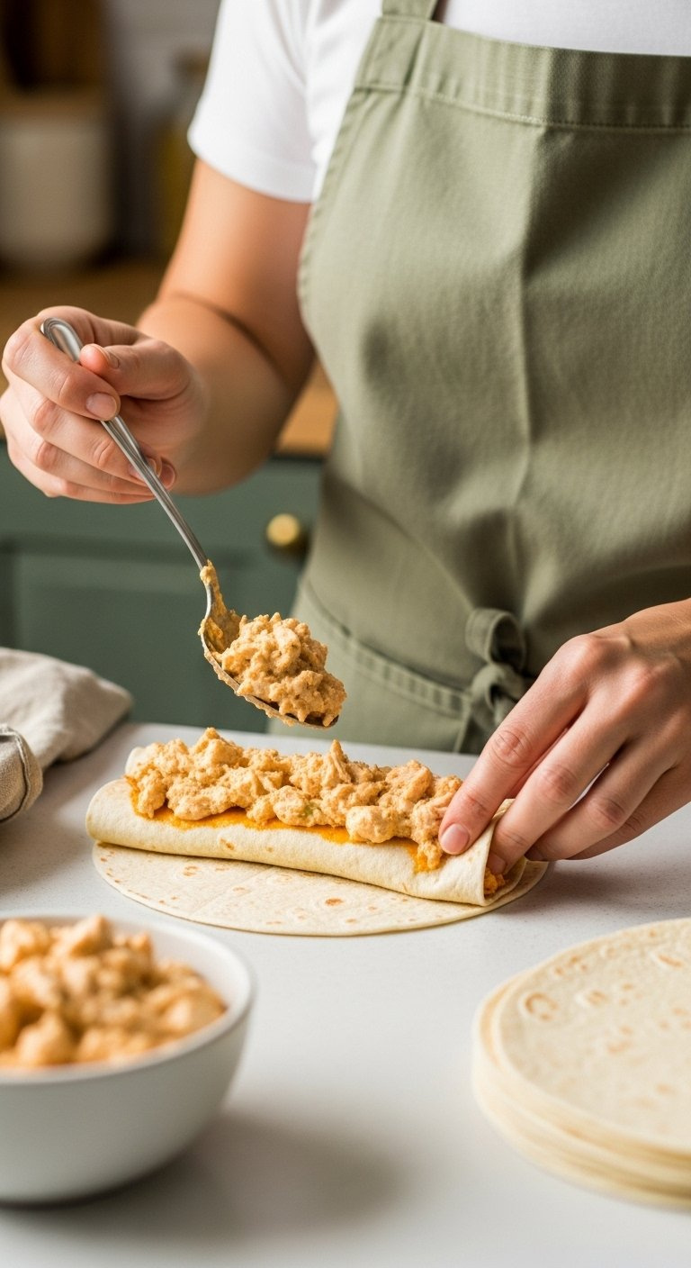 Hands Spooning Creamy Chicken Filling Onto A Warm Flour Tortilla During The Enchilada Assembly Process.