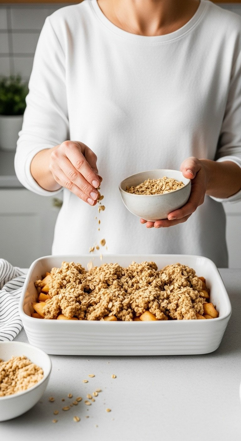 Hands Sprinkling Oat Crumble Topping Over Apple Mixture In White Ceramic Baking Dish. Assembling Crisp.