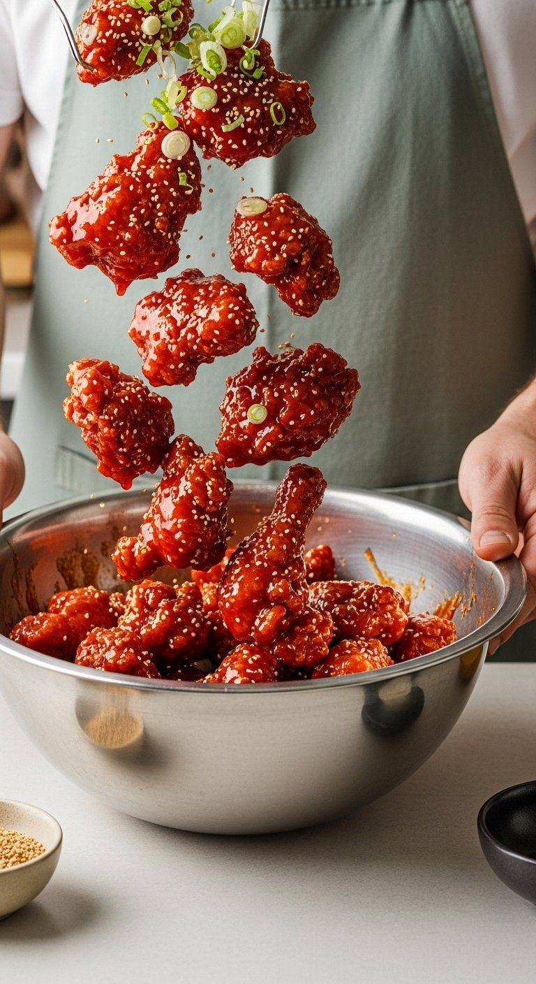 Hands Tossing Perfectly Fried Chicken In A Large Metal Bowl With Sticky Red Gochujang Sauce And Sesame Seeds.