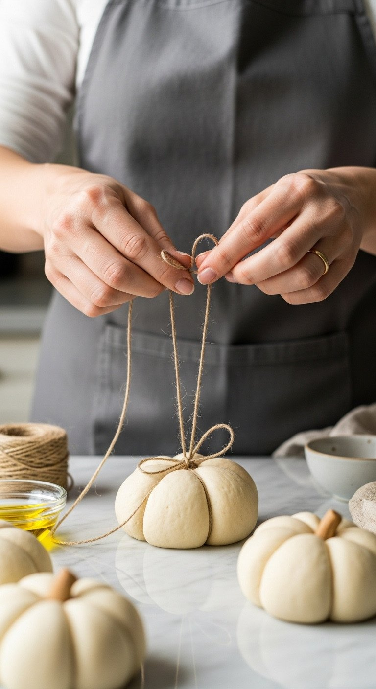 Hands Tying Kitchen Twine Around Dinner Roll Dough To Create A Pumpkin Shape On A Marble Counter, Detailed Baking Technique.