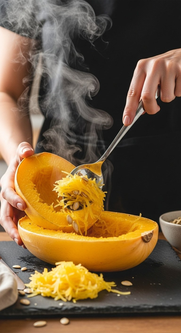 Hands Use A Large Spoon To Scoop Seeds And Pulp From A Cooked, Halved Spaghetti Squash On A Dark Slate Cutting Board.
