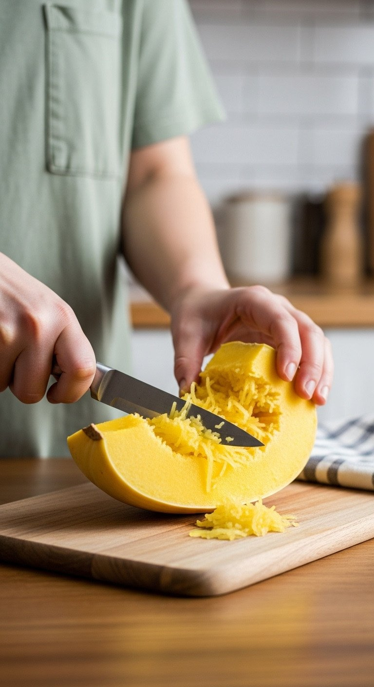 Hands Use A Paring Knife To Pierce The Skin Of A Whole Yellow Spaghetti Squash On A Rustic Wooden Cutting Board.
