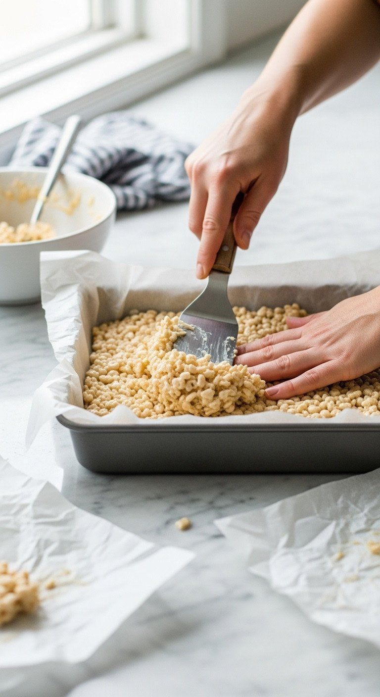 Hands Use A Spatula To Gently Press Warm Rice Krispie Treat Mixture Into A Parchment Paper-Lined Baking Pan.